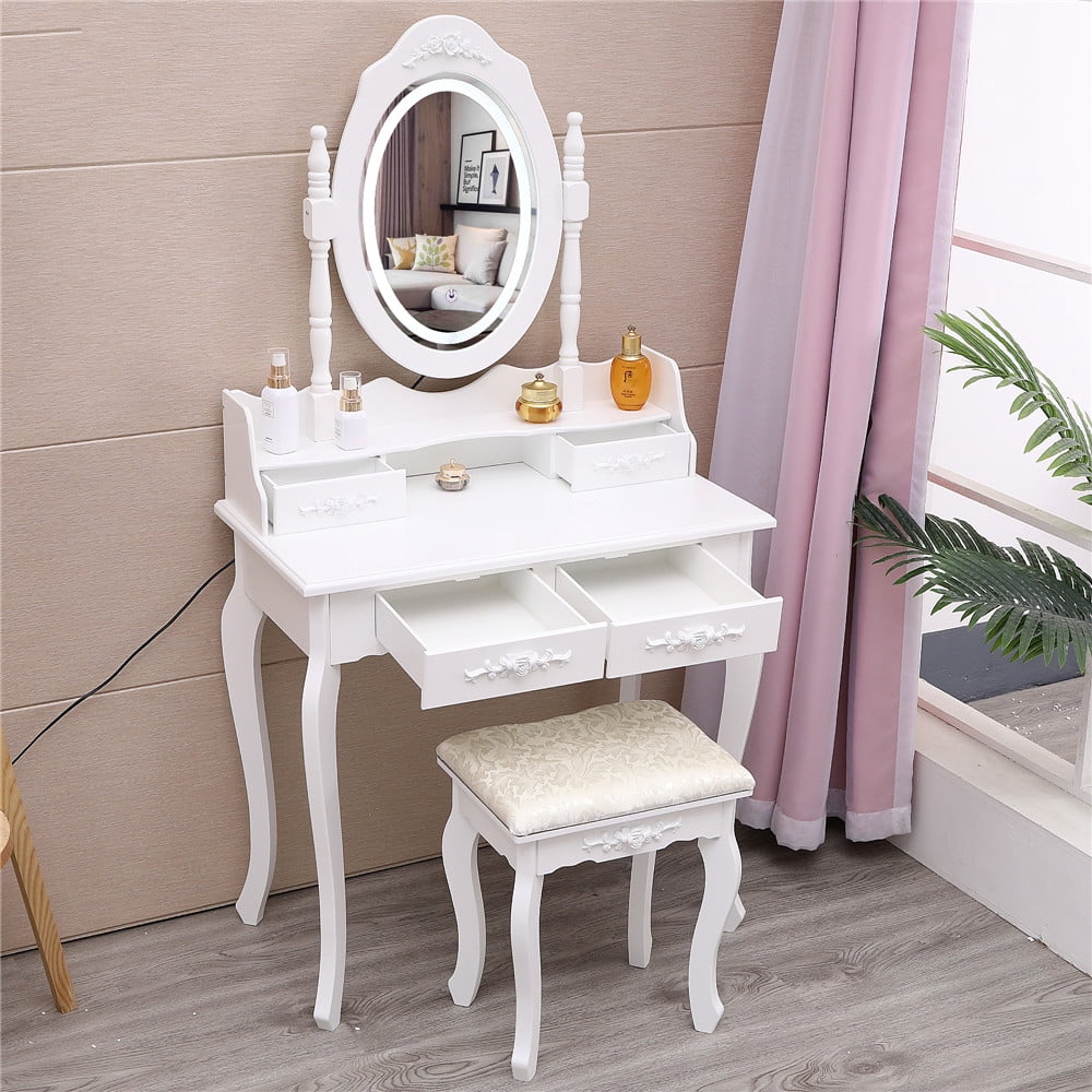 Lowest Prices - Ktaxon Elegance White Dressing Table Vanity Table and Stool Set Wood Makeup Desk with 4 Drawers & Lighted LED Touch Screen Mirror
