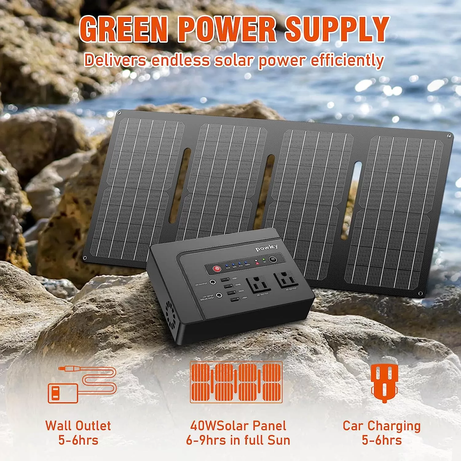 Powkey Solar Generator with Panel, 146Wh/200W Portable Power Station with Solar Panel 40W, 110V Pure Sine Wave DC/USB/AC Outlet Electric Generator Battery Backup for Outdoor Camping Emergency Home Use