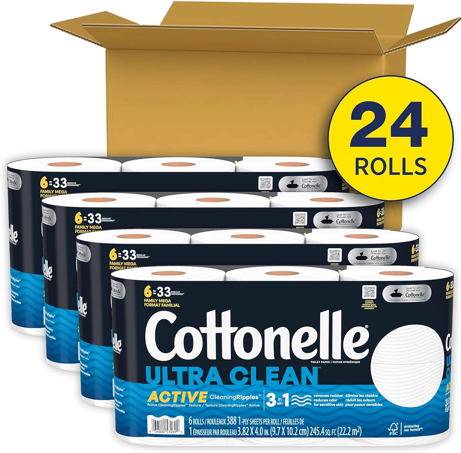 Cottonelle Ultra Clean Toilet Paper with Active CleaningRipples Texture, Strong Bath Tissue, 24 Family Mega Rolls (24 Family Mega Rolls = 132 Regular Rolls) (4 Packs of 6), 388 Sheets per Roll