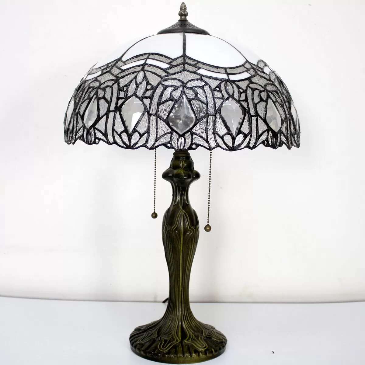 Tiffany Style Table Lamp Stained Glass White Crystal Shade Metal Base 24