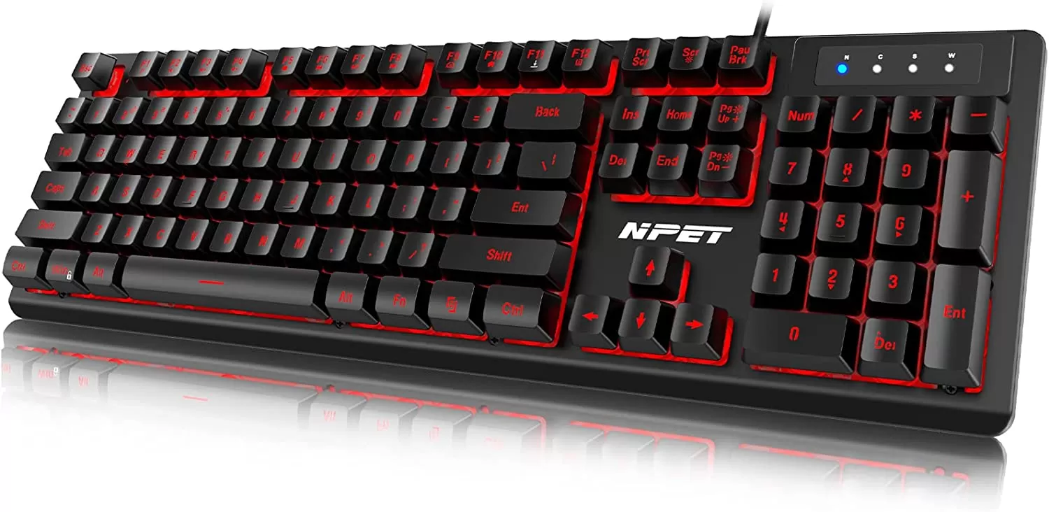 NPET K10 Wired Gaming Keyboard, LED Backlit, Spill-Resistant Design, Multimedia Keys, Quiet Silent USB Membrane Keyboard for Desktop, Computer, PC (Black)