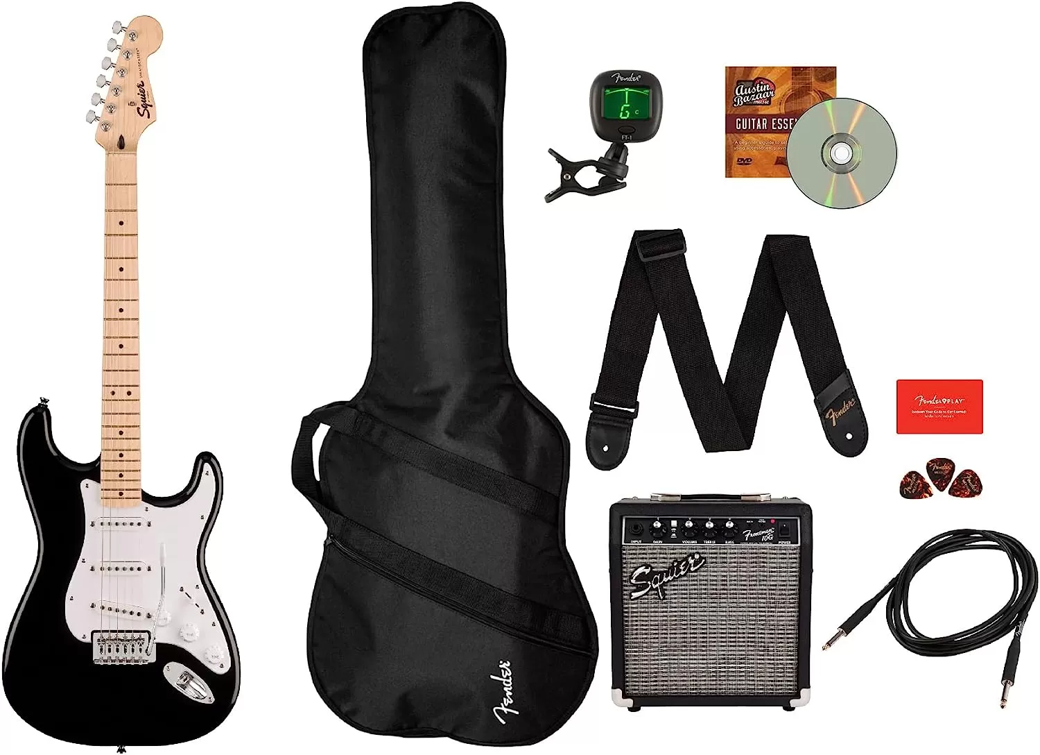 Fender Squier Stratocaster - Sunburst Bundle with Frontman 10G Amp, Gig Bag, Instrument Cable, Tuner, Strap, Picks, Fender Play Online Lessons, Instructional Book, and Austin Bazaar Instructional DVD