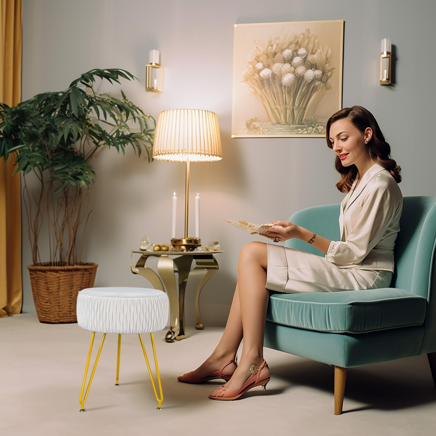 Lowest Prices - PROHIKER Velvet Round Footrest Stool Ottoman, Makeup Vanity Stool Side Table Couch Stool w/Golden Metal Legs, 13