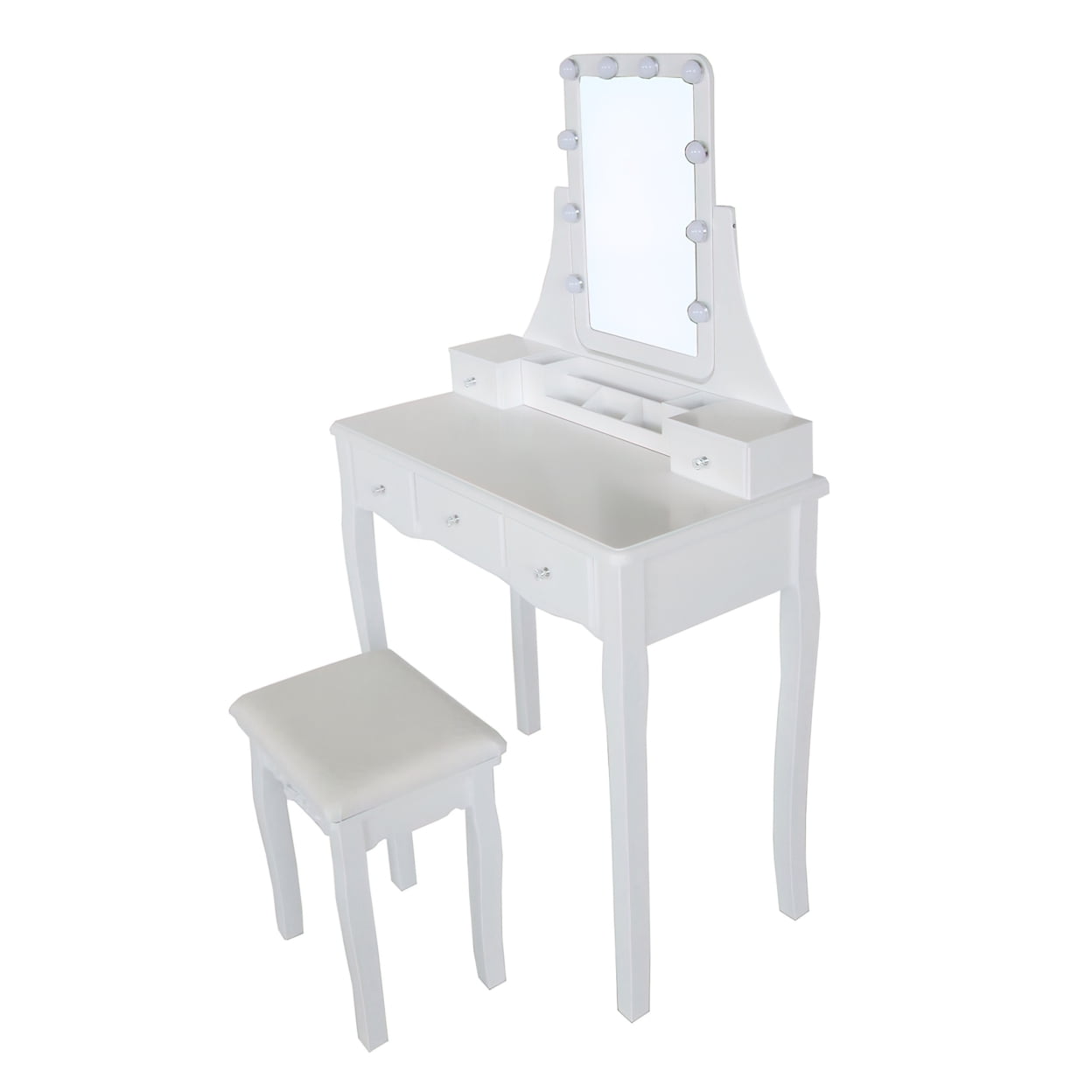 Lowest Prices - 32 Inch 2 Piece Vanity Desk Set with LED Lights, 5 Drawers, Cushioned Stool, White Solid Wood-Saltoro Sherpi