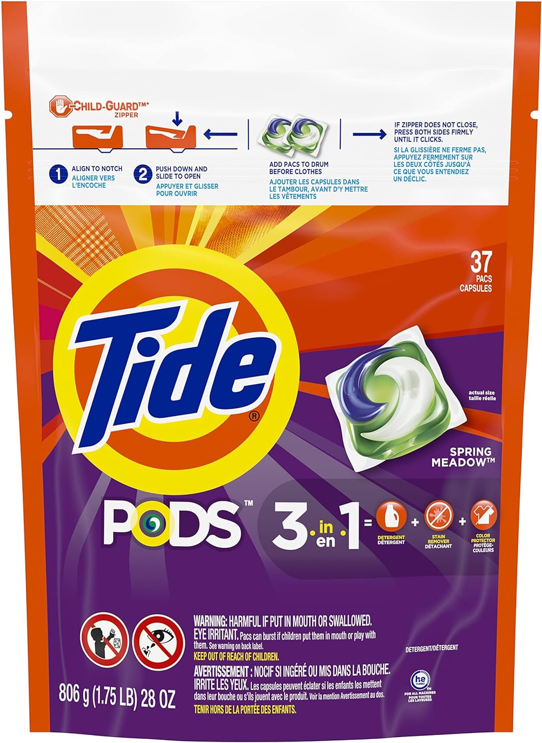 Tide PODS Laundry Detergent Soap Pods, Spring Meadow, 37 Count (Pack of 3 Bag Value Pack), Total 111 Count, HE Compatible