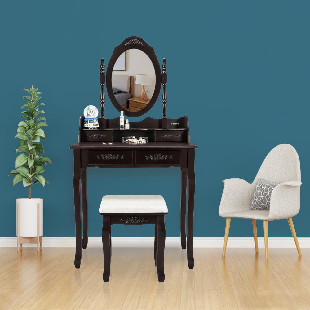 Lowest Prices - UBesGoo 4 Drawer Vanity Makeup Dressing Table Set w/Stool&Mirror Jewelry Wood Brown